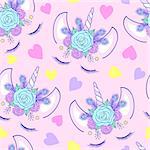 Seamless pattern with head of unicorn on pink background