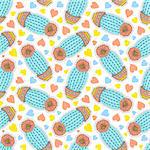 Seamless pattern with colorful hand drawn cactuses and hearts on white background.