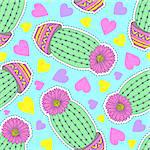 Seamless pattern with colorful hand drawn cactuses and hearts on blue background.