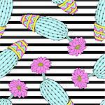 Seamless pattern with colorful hand drawn cactuses on striped background.