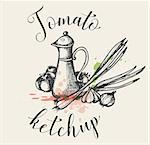 Vintage background with a jug of tomato ketchup and fresh vegetables. Hand drawn vector illustration.