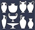 White silhouettes of ancient vases on dark background, set of different types of ceramic vases, vector illustration