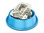 Blue cat bowl with fish bones, 3D render illustration isolated on white background