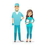 Doctor and nurse team. Cartoon medical staff. Medical team concept. Surgeon, nurse on hospital. Professional health workers. Flat vector characters isolated on white