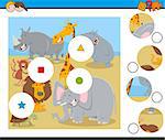 Cartoon Illustration of Educational Match the Pieces Jigsaw Puzzle Game for Children with Safari Animals Characters