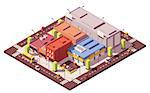 Vector low poly isometric city block with buildings, houses, stores