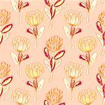 Orange protea flower seamless vector pattern. Simple handdrawn floral background.