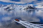 Early morning on a gorgeous day, elevated view of zodiac boat in Neko Harbour, Andvord Bay, Antarctic Continent, Antarctica, Polar Regions