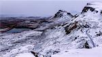 The Quiraing in the snow, Isle of Skye, Inner Hebrides, Scotland, United Kingdom, Europe