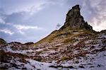 The Castle in the Snow, Fairy Glen, Isle of Skye, Inner Hebrides, Scotland, United Kingdom, Europe