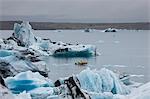 Boat amongst calved ice from the Breidamerkurjokull glacier in Jokulsarlon glacial lagoon, Iceland, Polar Regions