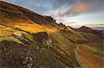 Sunset over the Trotternish Range from the Quiraing on the Isle of Skye, Inner Hebrides, Scotland, United Kingdom, Europe