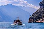 View of ferry boat on Lake Garda near Riva del Garda, Riva del Garda, Lake Garda, Trentino, Italian Lakes, Italy, Europe