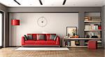 Modern living room with red sofa and wooden bookcase - 3d rendering