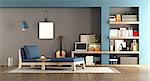 Blue and brown living room with day bed and wooden bookcase - 3d rendering