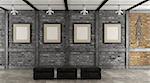 Art gallery in a loft with blank frame on black brick wall - 3d rendering