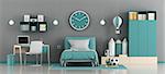 Blue and gray kids room with bed and desk - 3d rendering