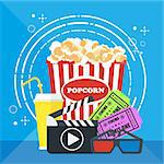 Cinema concept poster template with popcorn bowl, film strip and tickets, realistic detailed vector illustration