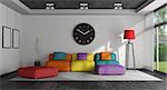 Black and white living room with colorful sofa - 3d rendering