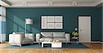 Blue and white modern living room with leather sofa, armchair and closed door - 3d rendering