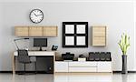 Home office with white and wooden furniture - 3d rendering
