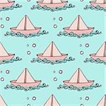 Marine seamless pattern with paper ship floating on the waves. Hand drawn vector background.