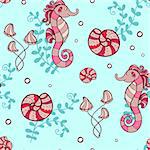 Marine seamless pattern with sea horses and shells on a green background. Hand drawn vector illustration.