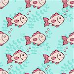 Marine seamless pattern with fish and air bubbles on a green background. Hand drawn vector illustration.