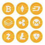 Set of cryptocurrency icons for internet money. Blockchain based secure. Isolated vector sign. Main cryptocurrency coins