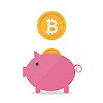 Pig money box with falling bitcoins. Vector flat design banner concept on white background isolated. Hold bitcoins