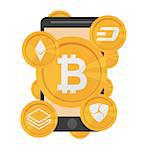 Cryptocurrency on white background, digital currency, futuristic digital money, technology worldwide network concept. Vector illustration. Bitcoin and smartphone