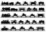 Vector illustration of five black silhouettes of vintage military  trains