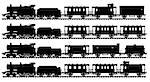 The vector illustration of four black silhouettes of vintage steam trains