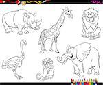 Black and White Cartoon Illustration of Funny Safari Animal Characters Set Coloring Book