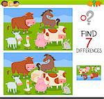 Cartoon Illustration of Finding Seven Differences Between Pictures Educational Activity Game for Kids with Farm Animals