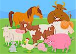 Cartoon Illustration of Cute Farm Animal Characters Group