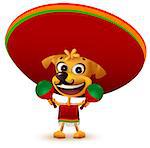 Funny cheerful yellow mexican dog in poncho and sombrero holding maracas. Isolated on white vector illustration