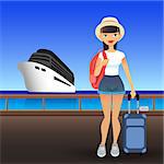 Young woman wearing casual clothes at port. Cartoon flat girl goes on cruise on ship. Traveler lady in the hat is standing on the pier with a suitcase and a backpack