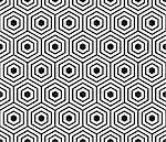 Seamless pattern with black white hexagons and striped lines. Optical illusion effect. Geometric tile in op art style. Vector illusive background, texture. Futuristic element, technologic design.