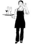 Waitress Holding a Tray with Champagne and Gesturing Delicious - Black and White Illustration, Vector