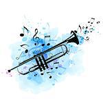 Music abstract background with black trumpet, notes and blue watercolor texture. Vector illustration.