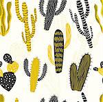Mustard and Charcoal coloured cactus and succulent plants in different shapes, seamless pattern. Vector illustration