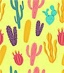 Seamless colorful cactus and succulent plants in different shapes. Vector illustration