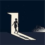 A women walking through a open door representing choices and new pathways. Conceptual business vector illustration