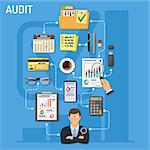 Auditing, Tax, Business Accounting Infographics. Auditor Holds Magnifying Glass in Hand and Checks Financial Report with Charts, Calculator and Smartphone. Flat Style Icons. Vector illustration