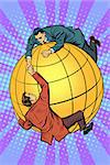 Politicians on the globe help each other. Global business and international politics. Pop art retro vector illustration cartoon comics kitsch drawing