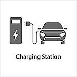 Electric car and charging station. Electric vehicle charging station, electric recharging point, simple icon, vector illustration. EPS 10