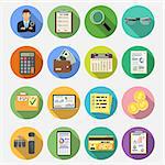 Auditing, Tax, Business Accounting Flat Icons Set on colored circles with Long Shadows. Auditor Holds Magnifying Glass in Hand, Charts, Calculator and Smartphone. Isolated vector illustration