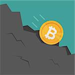 Bitcoin Falls Down the rock. Cartoon flat Style Vector Illustration. Crypto Currency concept. Business concept