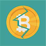 Crypto currency Bitcoin internet virtual money. Vector icon of the bitcoin digital cryptocurrency. The crack in the coin, destruction, broken finance